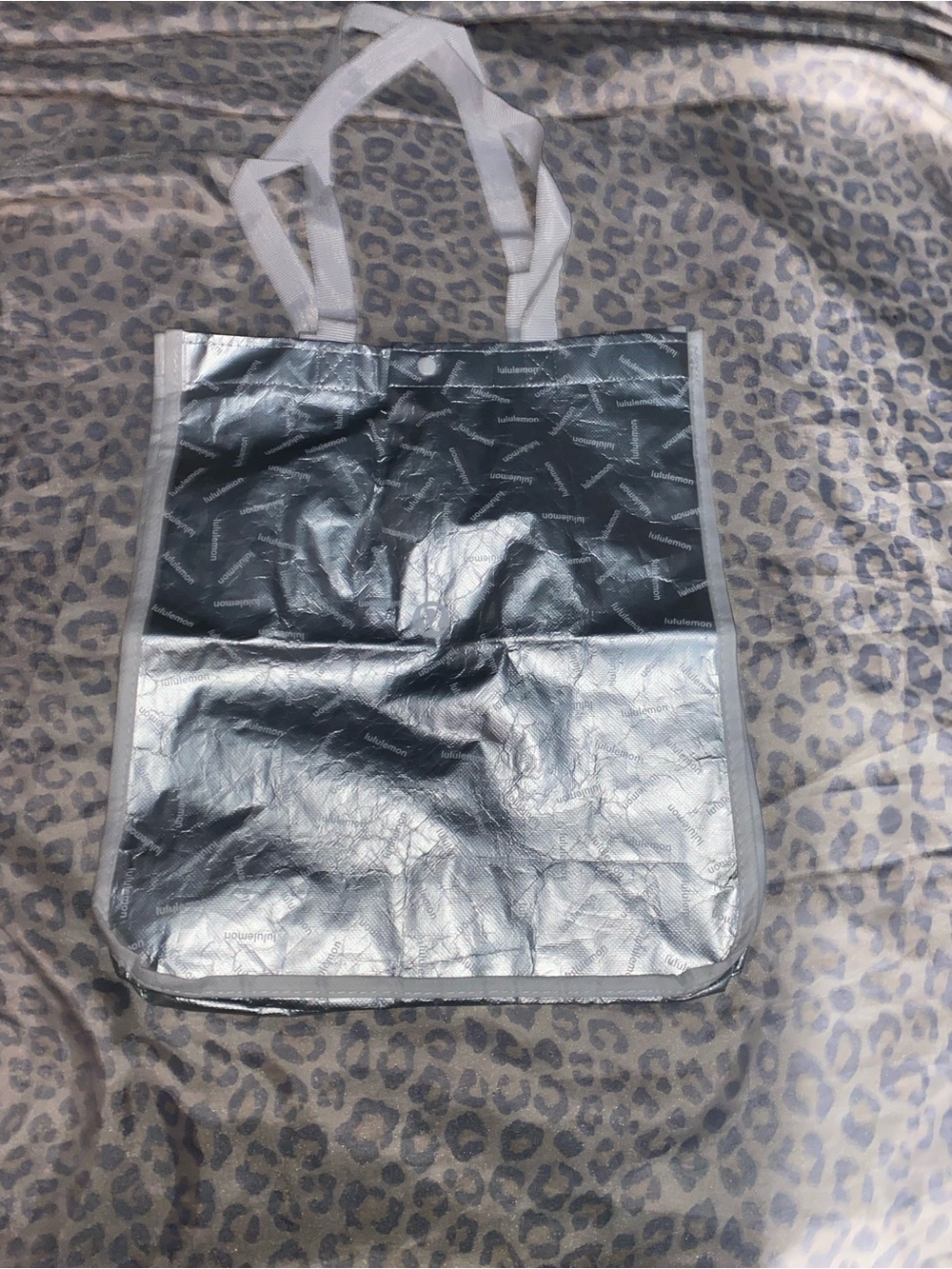 Silver metallic reusable tote bag from lululemon